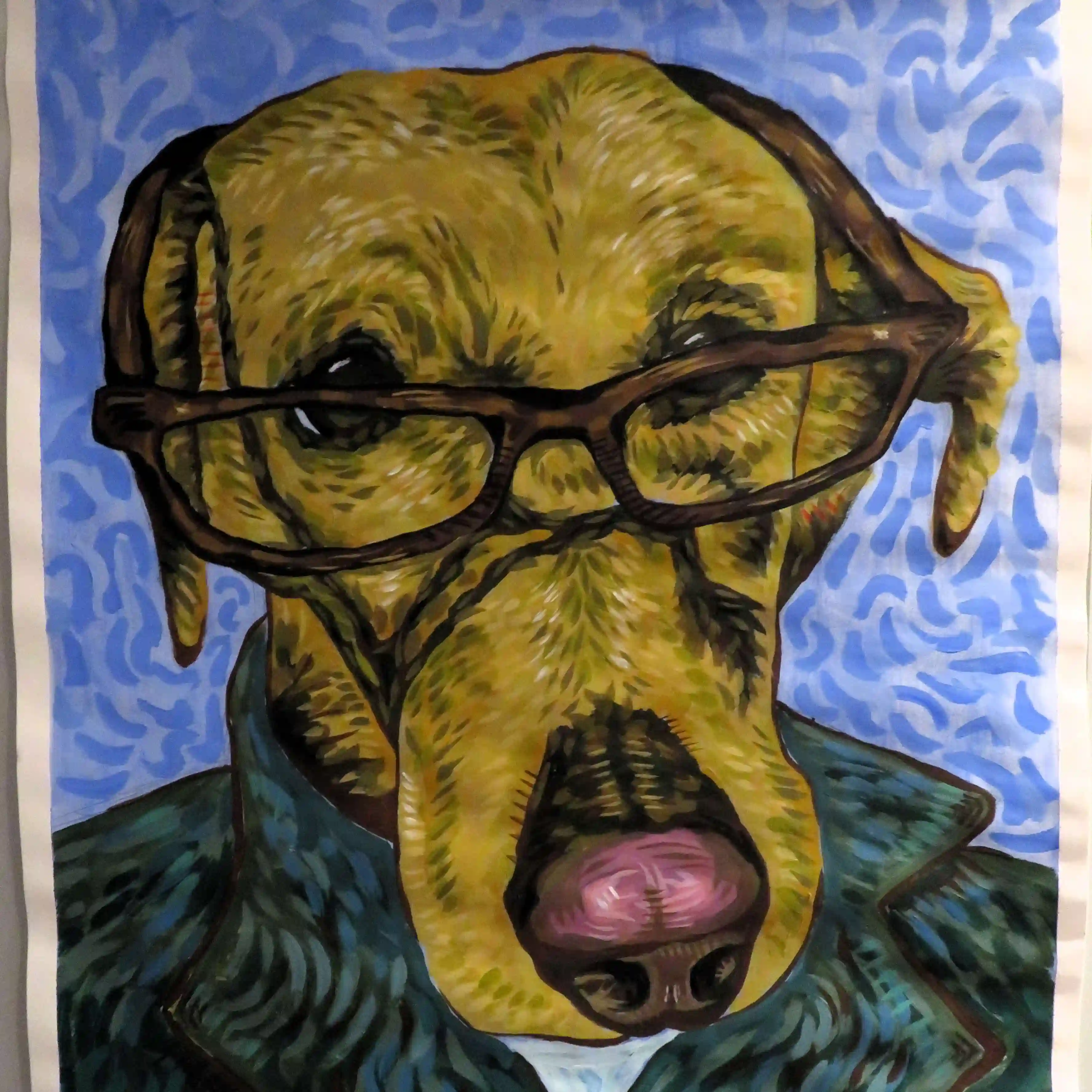 A painting of a dog wearing a pair of glasses